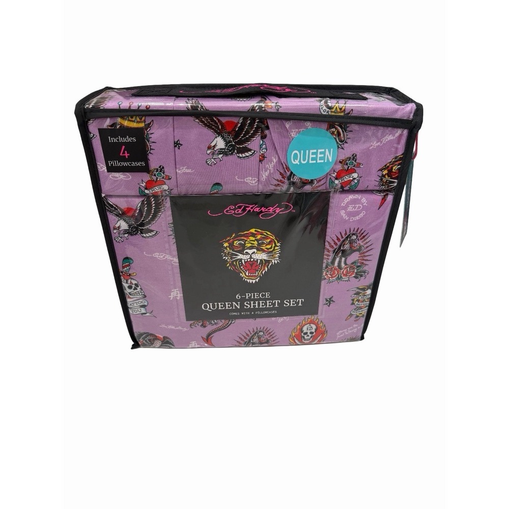 Ed Hardy 6-Piece Queen Size Sheet Set Purple Dragon Tiger Print New